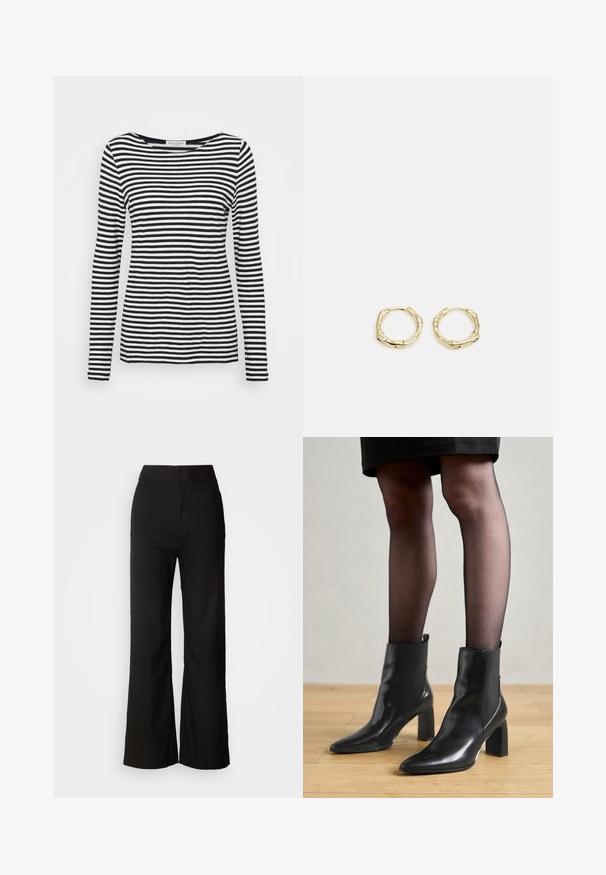 Pitkähiha, pyöreäkaulainen paita, jossa on mustavalkoinen raidallinen kuvio. Valmistettu pehmeästä kankaasta ja säännöllisestä mitoista. Puhtaan yksinkertainen muotoilu.; Mustat leveät housut, joissa on sileä pinta, korkea vyötärö ja siisti muotoilu. Ei näkyviä taskuja tai koristuksia.; Mustat nahkasaappaat nilkkamittaisella varrella, terävässä kärjessä, paksussa neliömassassa ja tyylikkäässä muotoilussa. Varustettu joustavilla sivupaneeleilla, jotka helpottavat pukemista.; Kultaiset renkaat, joissa on teksturoitu, epäsäännöllinen muoto. Varustettu saumattomalla suljinnalla ja kiillotetulla pinnalla, mikä korostaa modernia muotoilua.