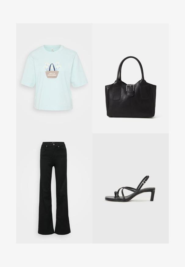 Lyseblå kortermet T-skjorte med brodert kurvdesign med blomster og teksten "HELLO SUNSHINE." Laget av bomull, avslappet passform.; Svarte utsvingte jeans laget av denim, med høy midje, fem lommer og metallknapplukking. Glatt tekstur med minimal detaljering.; Sorte sandaler med stropper, firkantet tå og lav blokk hæl. Har flere tynne stropper og en justerbar ankelstropp. Laget av glatt lær.; Svart skinn toteveske med jevn tekstur, strukturert form, to håndtak og en fremtredende sølvspenne foran.