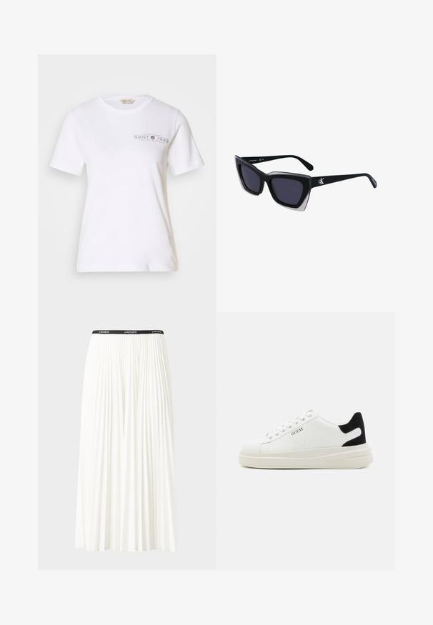 White cotton t-shirt with short sleeves, round neck, featuring a dark gray printed logo and text on the front. Smooth texture.; Pleated white skirt with a black elastic waistband featuring the "LACOSTE" logo. Mid-length design with soft texture.; White leather sneakers with a thick white sole, black suede heel accent, and embossed logo on the side. Laced design with six eyelets.; Black oversized sunglasses with a geometric shape, featuring dark lenses and a contrasting grey detail on the frame. Logo on the arm.