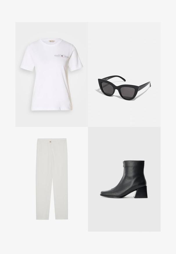 Hvit bomull t-skjorte med kort erm, rund hals, med et mørkegrått trykt logo og tekst på forsiden. Glatt tekstur.; Hvite, skreddersydde bukser med rette ben, med knapplukking, beltehemper og sidelommer; glatt tekstur.; Sorte skinnankelsko med firkantet tå, glidelås på siden og blokkhæl mot en vanlig lys bakgrunn.; Sorte katteau solbriller med mat finish, featuring grå tonede linser, skarpe vinkler og slanke sidearme. Merkenavn synlig på den indre armen.; Blåmønstret håndveske laget av stoff, med buet form, svart lærreim og logodesign i en lysere nyanse.