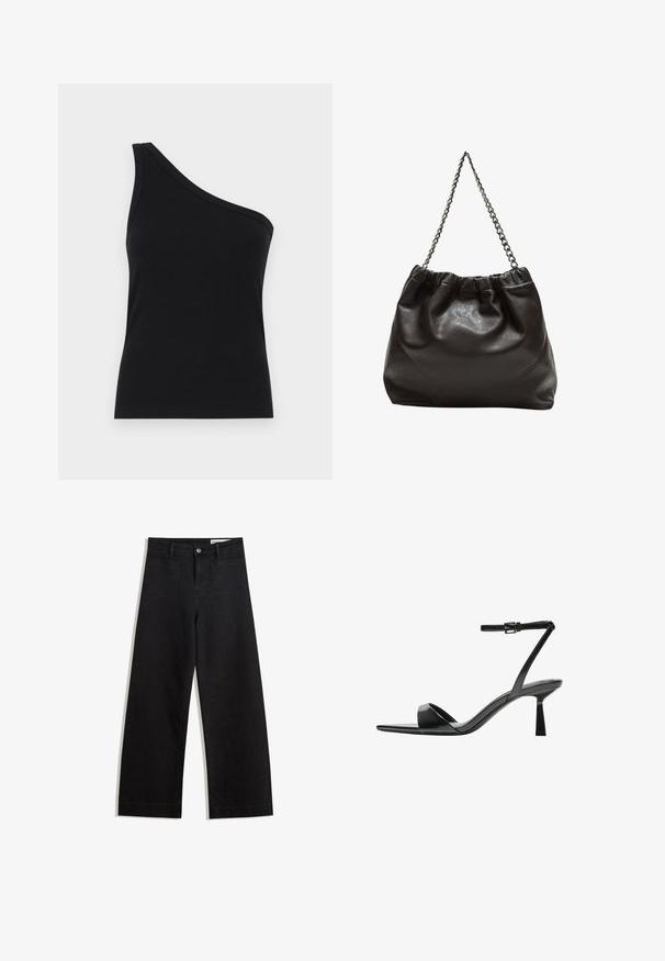 Løsningstanktop med en skulder i sort ribbet stof, der har et tætsiddende design og blød tekstur. Har en ren, minimalistisk skæring og en glat halsudskæring.; Sorte wide-leg denim bukser med høj talje, der har front- og baglommer, syede sømme og en knaplukning. Glat tekstur.; Bershka Højhælede sandaletter / Højhælede sandaler - black; Brun lædertaske med en rynket top og en kædestrop. Glat tekstur med en blank finish og subtile sømdetaljer på siderne.