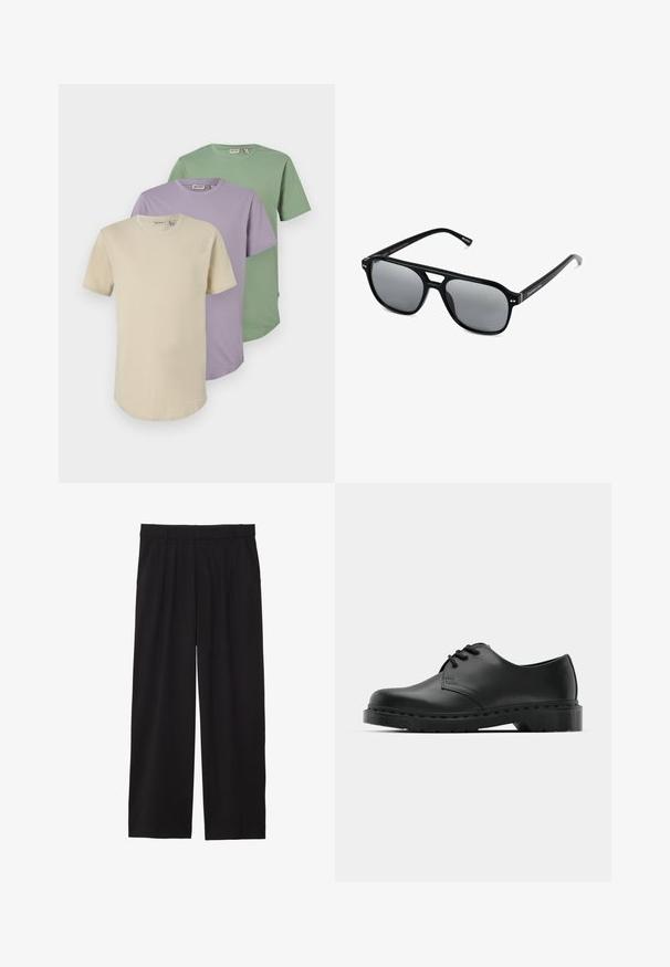 Drei Kurzarm-T-Shirts in Creme, Lavendel und Grün. Hergestellt aus weicher Baumwolle, mit Rundhalsausschnitten und einem lockeren Schnitt.; Schwarze, weite Hose mit gefälteltem Vorderteil, seitlichen Taschen und einer glatten Stoffstruktur. Entworfen für eine entspannte Passform.; Schwarze Leder-Oxford-Schuhe mit Schnürdesign, runder Zehenform, flacher Gummisohle und subtilen Nähten entlang des oberen Teils.; Schwarze Sonnenbrille mit rechteckigen Rahmen, grauen getönten Gläsern und einer Aussparung im Nasensteg. Schlanker, glänzender Kunststoff, mit schmalen Bügeln.