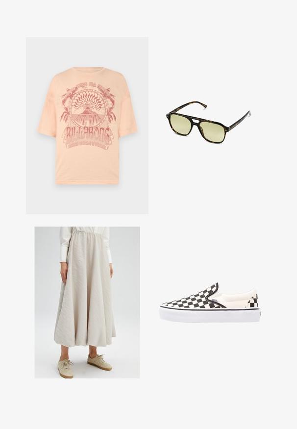 Lichtperzikkleurig t-shirt met korte mouwen, voorzien van een rood grafisch ontwerp van palmbomen en een zon met de tekst "BILLABONG", gedrukt op zachte katoen.; Lichtbeige, knielange rok gemaakt van textuurstof, met een elastische tailleband, gecombineerd met tan sneakers voor een casual look.; Zwart-wit geblokte slip-on Vans schoenen met een canvas bovenwerk, rubberen buitenzool en gewatteerde kraag. Vlakke, ronde neus met witte zoolaccenten.; Schildpadbril met een rechthoekige vorm, groengetinte lenzen en gepatterde acetaat montuur. Kenmerkt metalen accenten nabij de lenzen.