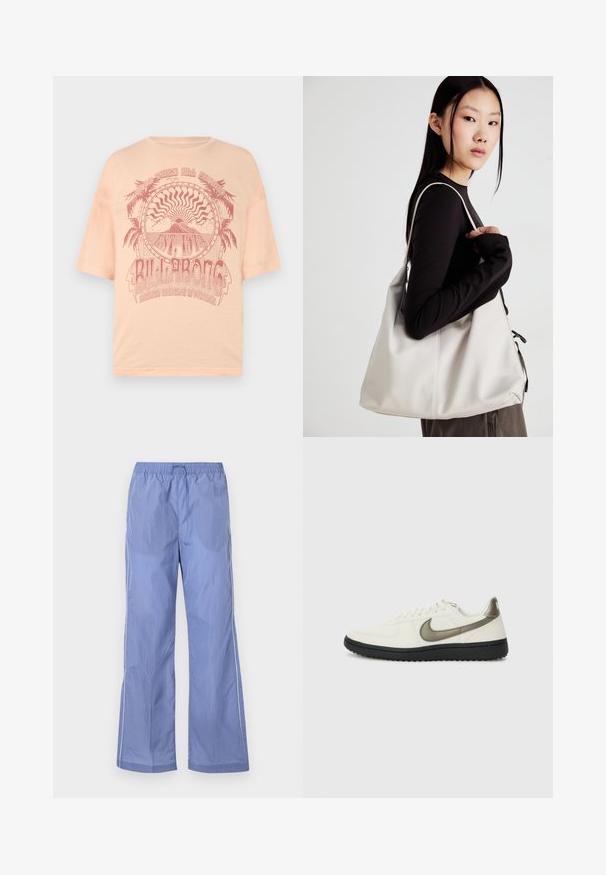 Svetlo breskevasta majica s kratkimi rokavi z rdečim grafičnim dizajnom palmovih dreves in sonca ter napisi "BILLABONG", natisnjena na mehkemu bombažnem materialu.; Modre lahke hlače z elastičnim pasom, s prostornim krojem in stranskimi obrobami. Narejene so iz gladkega, trajnega materiala.; Nike Sportswear FIELD GENERAL - Športni copati - off-white/black; Bežna torbica iz mehkega materiala, z ohlapno zasnovo, šivi in dvema naramnicama. Primerna za vsakodnevno uporabo.