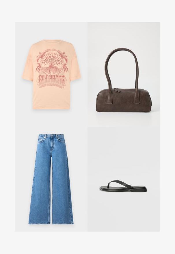 T-shirt léger pêche à manches courtes avec un design graphique rouge de palmiers et de soleil, portant le texte "BILLABONG", imprimé sur un matériau en coton doux.; Jean en denim bleu à jambes larges avec taille haute, présentant un design classique à cinq poches et des coutures sur les côtés pour un détail supplémentaire.; Tongs noires en cuir lisse, avec un design de sangle fine et une semelle plate à profil minimal. Aucun motif ou accent notables.; Sac à main en cuir marron avec deux poignées robustes, de forme rectangulaire, texture lisse et fermeture zippée. Design minimaliste sans motifs visibles.