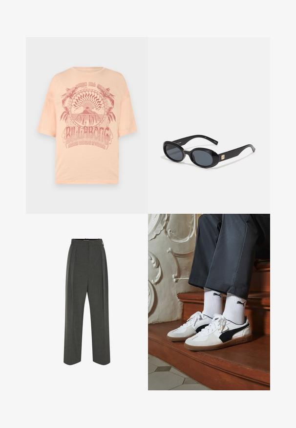 Világos barack színű, rövid ujjú póló, amelyen vörös grafikai mintázat található pálmafákkal és nappal, a "BILLABONG" felirattal, puha pamut anyagból készült.; Szürke, magas derekú, fazonra szabott nadrág, pliszírozott részletekkel, széles lábszárral és sima felülettel. Diszkrét cipzárral záródik.; Fehér és fekete velúr Puma sportcipők, barna gumitalppal. Fehér zoknival párosítva, amely fekete logót visel, sötét nadrággal kombinálva.; Fekete, ovális napszemüveg sötét lencsékkel, fényes műanyag kerettel, széles szárakkal és egy apró arany díszítéssel az egyik oldalon.