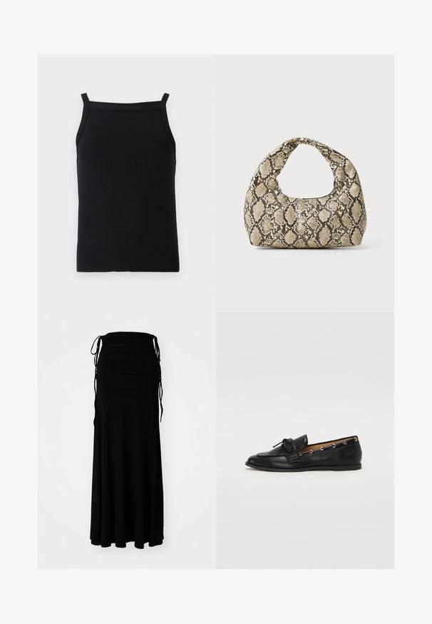 Top din bumbac negru cu dantelă, cu bretele subțiri și un design ajustat, având o textură netedă și un decolteu rotund.; Rochie neagră, până la gleznă, dintr-un material moale și elastic, cu un bust plisat și legături reglabile pe laterale, creând o siluetă fluidă.; Mocasini din piele neagră cu fundiță legată, având accente aurii sub formă de ochiuri pe laterale și o talpă plată din cauciuc. Textură netedă, design clasic.; Geantă cu imprimeu de șarpe, având un mâner curbat. Fabricată din materiale texturate, bej și maronii, cu un model distinctiv în formă de diamant.