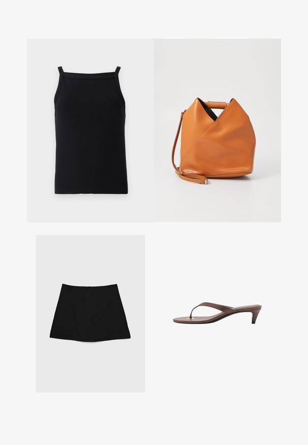 Černý žebrovaný top na ramínka s tenkými proužky a přiléhavým střihem, se hladkým povrchem a výstřihem do lodi.; Černá minisukně s hladkým povrchem, áčkovým střihem a zakulaceným lemem. Obsahuje zadní zip pro zapínání, bez dalších vzorů nebo akcentů.; Hnědé sandály s podpatkem a tenkým páskem, zaoblenou špičkou a malým zlatým akcentem na stélce.; Hnědá kožená kabelka s unikátním trojúhelníkovým skladem, horním uchem a odnímatelným ramenním popruhem na bílém pozadí.