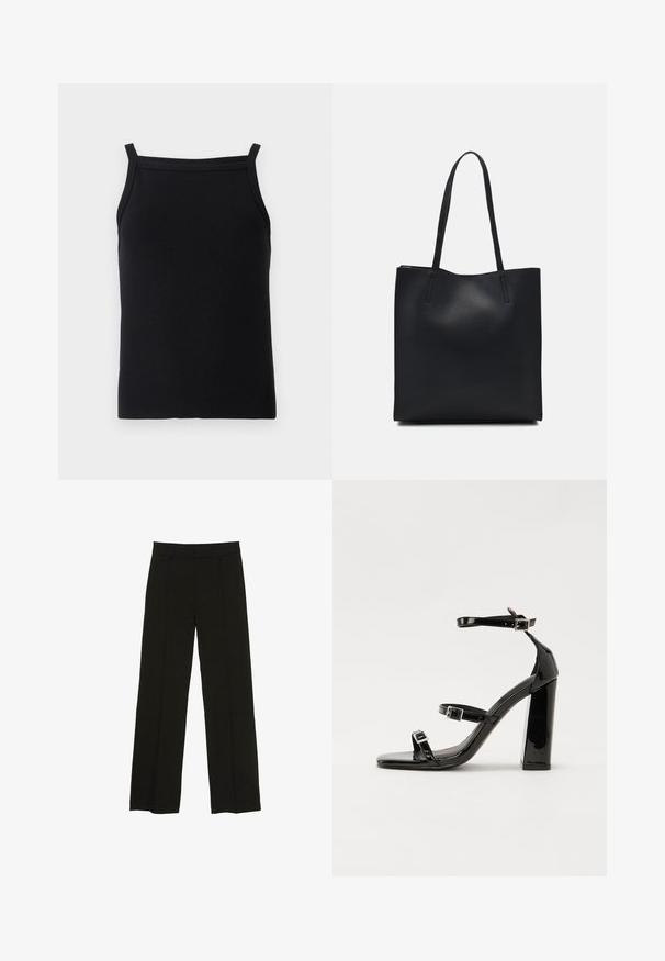 Čierny rebrovaný top s tenkými ramienkami a priliehajúcim strihom, s hladkou textúrou a hlbokým výstrihom.; Čierne široké nohavice vyrobené z hladkej tkaniny, so priliehavým pásom a jemnými prednými záhybmi pre zvýšenie textúry.; Čierne lakované sandále na podpätku so štvorcovou špičkou, navlečenými remienkami okolo členku a striebornými prackami. Disponujú masívnym blokovým podpätkom pre stabilitu.; Čierna kožená taška na rameno s hladkým povrchom, obdĺžnikovým tvarom a dvoma dlhými uchami. Bez viditeľného kovania alebo ozdôb.