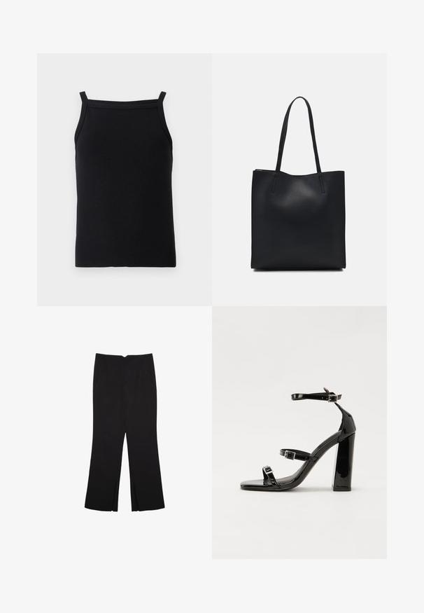 Svart ribbad linne med tunna axelremmar och figurnära passform, med en mjuk yta och en rundad halsringning.; Svarta byxor med rak passform, utrustade med framfickor och sidoklyvningar vid fållen. Tillverkade av mjukt, slätt tyg. Lämpliga för olika tillfällen.; Svarta lackerade klacksandaler med fyrkantig tå, ankelremmar och silverfärgade spännen. Har en kraftig blockklack för stabilitet.; Svart lädertoffelväska med slät textur, rektangulär form och två långa handtag. Ingen synlig hårdvara eller dekorationer.