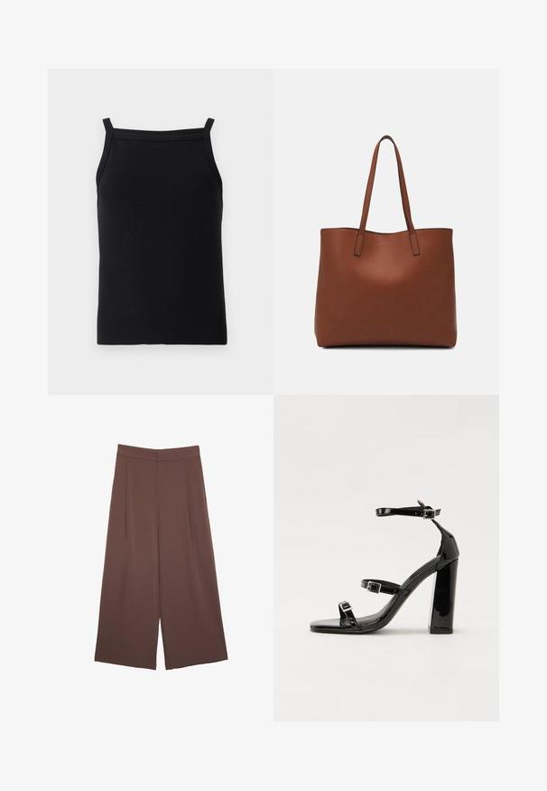 Črn rebrast top z ozkimi naramnicami in oprijeto zasnovo, z gladko teksturo in krojenjem z globokim izrezom.; Rjave široke hlače z gladko teksturo, ki imajo visok pas in sprednje naborke. Tkanina je lahka in prosto pada.; Črne lakirane sandale s peto, kvadratnim prstom, trakovi okrog gležnja in srebrnimi zaponkami. Opremljene so s stabilno Debelo peto.; Rjava usnjena torba z gladko teksturo, odprto zasnovo zgoraj in dvema naramnima trakovoma. Opremljena je z minimalnim šivanjem in brez vidnih kovinskih delov.