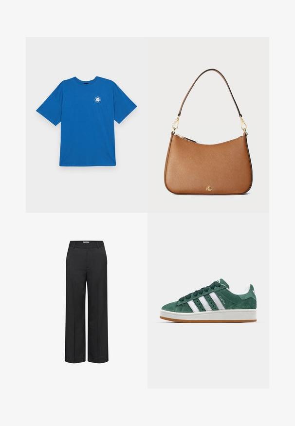 Even&Odd Curvy LIZ FEEL GREAT - Camiseta estampada - blue; Pantalones de pierna ancha en gris oscuro, hechos de una tela texturizada. Presentan una cintura suave y un pliegue frontal para un aspecto sofisticado.; Zapatillas deportivas de ante verde con franjas de cuero blanco, suela de goma, cuello acolchado y diseño minimalista. Cuenta con la marca en el lateral.; Bolso de mano de cuero marrón texturizado con forma curva, herrajes en tono dorado y una sola correa para el hombro. Cuenta con cierre de cremallera y detalle del logotipo.