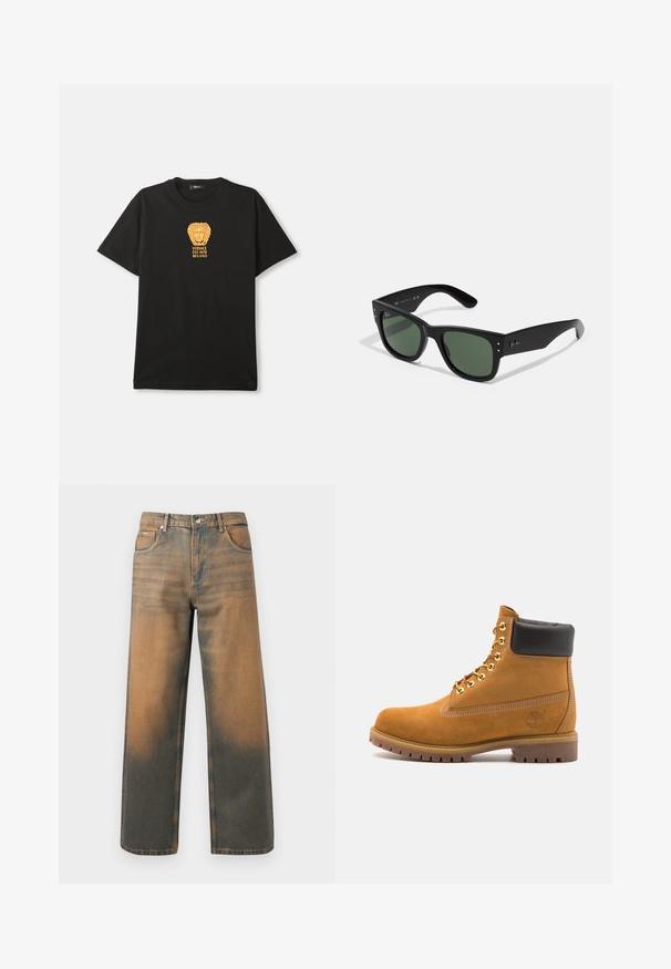 T-shirt preta de manga curta com um logotipo dourado da cabeça de Medusa e o texto "Versace Est. 1978 Milano" no peito.; Jeans de perna larga em denim azul e castanho desgastado. Apresenta uma cintura alta, bolsos frontais e um fecho clássico com botão e detalhes metálicos.; Botim de tornozelo em camurça bege com colarinho acolchoado preto, ilhós de metal dourado, detalhes de costura branca e sola de borracha robusta com sulcos pronunciados.; Óculos de sol retangulares pretos com lentes verdes, acabamento mate, detalhes de hardware discretos e logótipo em relevo na armação.