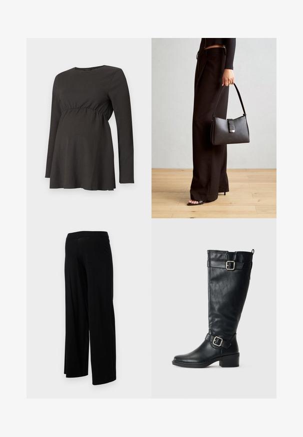 Schwarzes langärmliges Stilloberteil mit gerafftem Bund und leichter A-Form unter der Brust, aus strukturiertem Stoff gefertigt.; Schwarze weit geschnittene Hosen mit elastischem Bund und einer glatten, dehnbaren Textur. Einfaches Design, ohne Muster oder Verzierungen.; Hohe schwarze Lederstiefel mit niedrigem Absatz, dekorativen Schnallen in der Nähe des Knöchels und oben sowie einer Ziehschlaufe auf der Rückseite.; Schwarze Handtasche mit strukturierter Form, glatter Textur und einem metallischen Verschluss. Kombiniert mit weiten schwarzen Hosen und offenen Sandalen auf einem Holzboden.