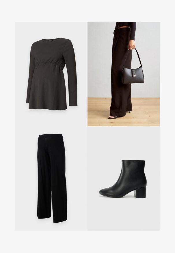 Maglietta da maternità nera a maniche lunghe con vita arricciata e leggero svaso sotto il seno, realizzata in tessuto strutturato.; Pantaloni neri a gamba larga con vita elasticizzata e una texture liscia e elastica. Presentano un design semplice, senza fantasie o decorazioni.; Stivali neri in pelle fino alla caviglia con punta appuntita e tacco spesso. Texture liscia con minimi dettagli e un design elegante e aderente.; Borsa nera con forma strutturata, texture liscia e una chiusura metallica. Abbinata a pantaloni neri larghi e sandali open-toe su un pavimento in legno.