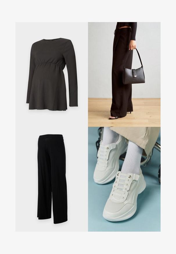 Černý těhotenský top s dlouhým rukávem, s nařaseným pasem a mírným rozšířením pod prsy, vyrobený z texturované látky.; Černé kalhoty s širokými nohavicemi, elastickým pasem a hladkou, pružnou texturou. Mají jednoduchý design, bez vzorů nebo ozdob.; Bílé tenisky s materiálem z mešové tkaniny, gumovou podrážkou, bezšňůrovým designem s elastickými pásky a zlatými akcenty.; Černá kabelka se strukturovaným tvarem, hladkým povrchem a kovovým uzávěrem. Kombinována s širokými černými kalhotami a sandály s otevřenou špičkou na dřevěné podlaze.