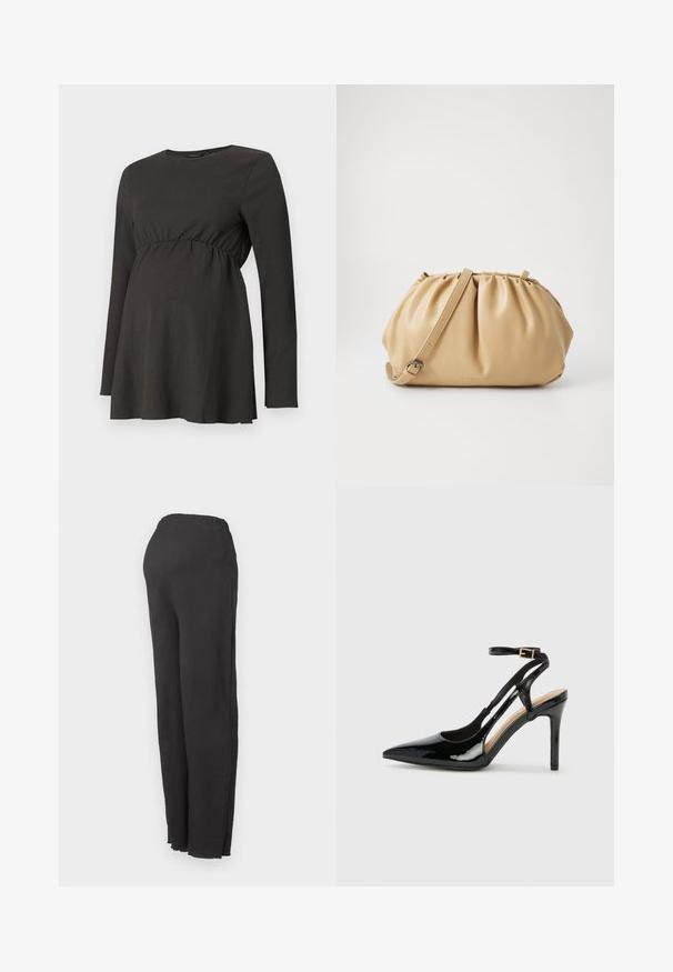 Schwarzes langärmliges Stilloberteil mit gerafftem Bund und leichter A-Form unter der Brust, aus strukturiertem Stoff gefertigt.; Schwarze hochtaillierte Hose mit elastischem Bund und geradem Schnitt, auf einem schlichten weißen Hintergrund dargestellt.; Schwarze Patentleder-High-Heel-Slingback-Pumps mit spitzem Zeh, verstellbarem Knöchelriemen und offenen Seiten. Glatte Textur.; Tasch in hellbraunem Leder mit gefälteltem Design, verstellbarem Tragegurt und runder Form. Minimalistische Markenkennzeichnung auf der Vorderfläche.
