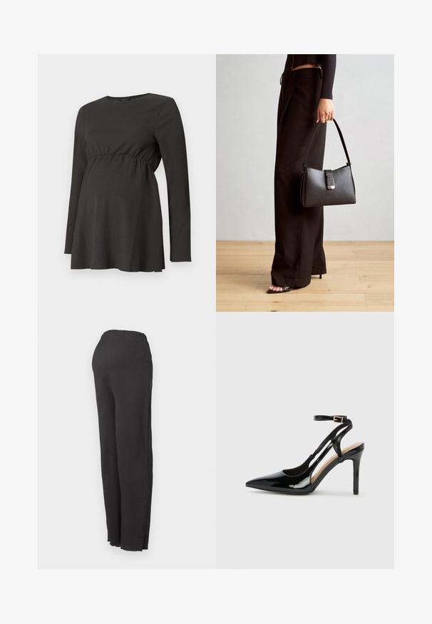 Czarna, długosleeve'owa bluzka ciążowa z marszczoną talią i delikatnym rozkloszowaniem poniżej biustu, wykonana z teksturowanej tkaniny.; Czarne spodnie z wysokim stanem, z elastycznym paskiem i prostym krojem, pokazane na jednolitym białym tle.; Czarne lakierowane buty na wysokim obcasie typu slingback z wysmuklonym noskiem, regulowanym paskiem na kostce i otwartymi bokami. Gładka faktura.; Czarna torebka o usztywnionym kształcie, gładkiej fakturze i metalowym zapięciem. Połączona z szerokimi czarnymi spodniami i sandałami na otwartym palcu na drewnianej podłodze.