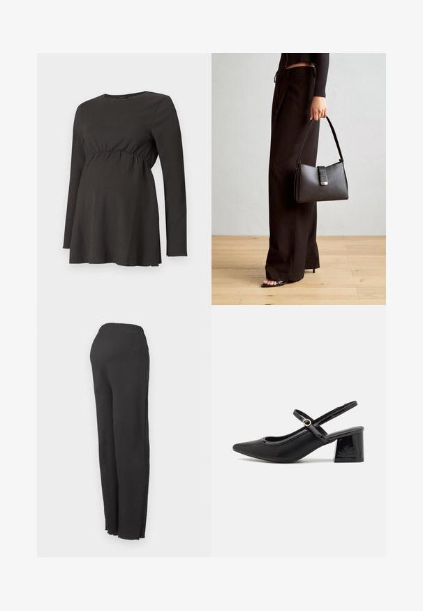 Čierna tehotenská blúzka s dlhým rukávom, s nariaseným pásom a miernym rozšírením pod prsiami, vyrobená z textúrovanej látky.; Čierne nohavice s vysokým pásom, elastickým pásom a rovnými nohavicami, zobrazené na jednoduchom bielom pozadí.; Čierne lakované kožené lodičky so slingback dizajnom, špicatou špičkou, zaobleným výrezom a blokovým podpätkom. Obsahuje akcent zlatého tónu s prackou.; Čierna kabelka so štruktúrovaným tvarom, hladkou textúrou a kovovou sponou. V kombinácii so širokými čiernymi nohavicami a sandálmi s otvorenou špičkou na drevenej podlahe.