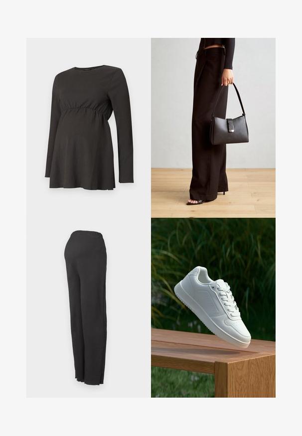 Juoda ilgomis rankovėmis nėštumo palaidinė su susiraukšlėjusia juosmeniu ir šiek tiek plačiais kirpimais po krūtine, pagaminta iš tekstūruoto audinio.; Juodos aukšto liemens kelnės su elastinga juosmele ir tiesiu kirpimu, rodomos ant paprasto balto fono.; Balti sneakeriai su lygia sintetine viršutine dalimi, perforuota pirštų zona, plokščiomis raištelėmis ir tekstūruotu padu, padėti ant medinės paviršiaus.; Juodas rankinė struktūrizuota forma, lygi tekstūra ir metalinis užsegimas. Suporuota su plačiomis juodomis kelnėmis ir atvirais bateliais ant medinių grindų.