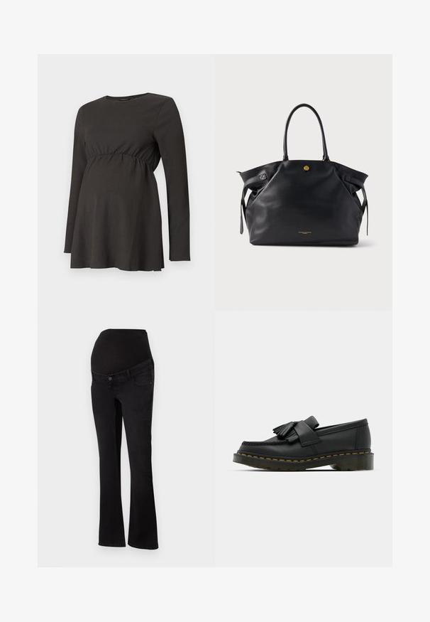 Melnā garo piedurkņu grūtniecības blūze ar savilktu jostasvietu un nelielu plūsmu zem krūškurvja, izgatavota no strukturēta auduma.; Grūtniecības džinsi melnā džinsā ar elastīgu jostas daļu, kas paredzēta pāri vēderam, pieguļošiem pie gurniem un augšstilbiem, un izplestiem pie kāju apakšas.; Melnas ādas mokasīni ar apaļu purngalu, piedāvā frizētus detalizējumus un dekoratīvu joslu priekšā, uz masīva papēža.; Melna ādas tote soma ar reljefu, zelta detaļām un divām noapaļotām rokturiem. Izceļas ar drošu aizdari un minimālu zīmola logotipu.