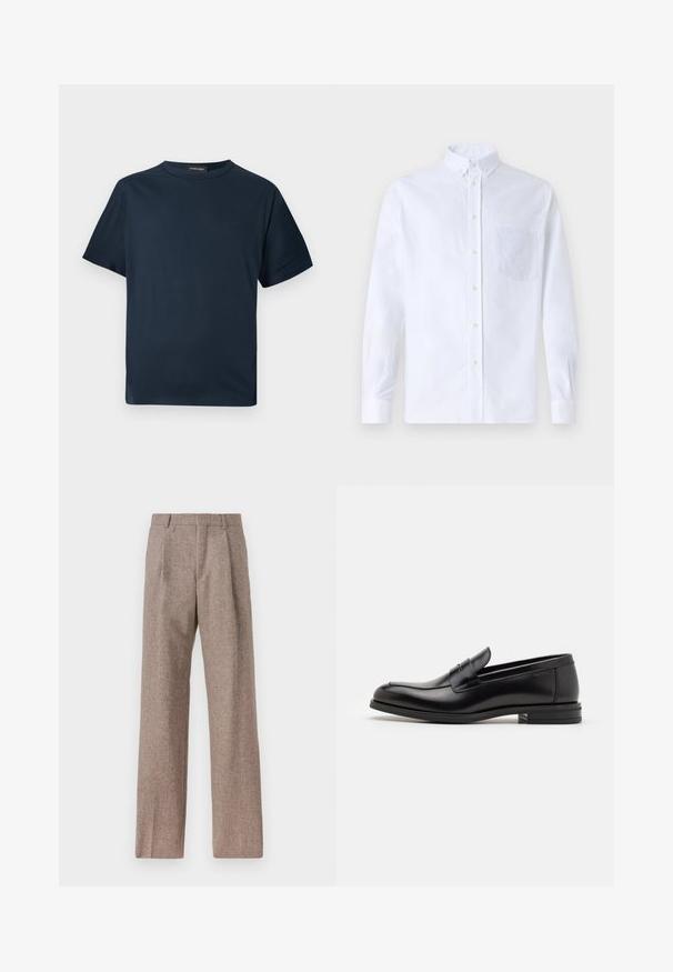 Üksikasjalik tumesinine lühikeste varrukatega puuvillane T-särk ümarate kaelustega ja peene "Les Benjamins" logo vasakul rinnal.; Valge pikamaa varrukatega nööbiga särk, mis on valmistatud puuvillast ja millel on rinna tasku toon-toonis brodeeringuga, krae ja nööbiga mansetid.; Prunnid, kõrge vöökohaga püksid, mis on valmistatud tekstureeritud kangast. Omavad laiu jalgu ja kahte eesmist voldikut struktuuri jaoks. Korralik viimistlus, ilma nähtava riistvarata.; Mustad mustad nahast loafers sileda tekstuuriga, ümarat ninaosa ja dekoratiivne riba vampi üle. Madal kihiline konts, minimalistlik disain.