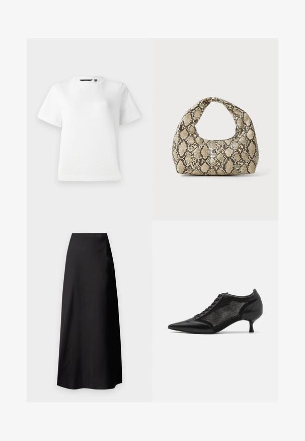 White short-sleeve T-shirt made of smooth cotton fabric, featuring a crew neckline and a relaxed fit with stitched hems.; Black satin maxi skirt with a smooth texture, high-waisted design, flowing silhouette, and no visible patterns or hardware details.; Black pointed-toe shoe with a mesh panel design, featuring a low heel and lace-up front. Made from a combination of leather and mesh material.; Snake-print handbag with a curved handle. Made from textured, beige and brown materials, featuring a distinctive diamond pattern.