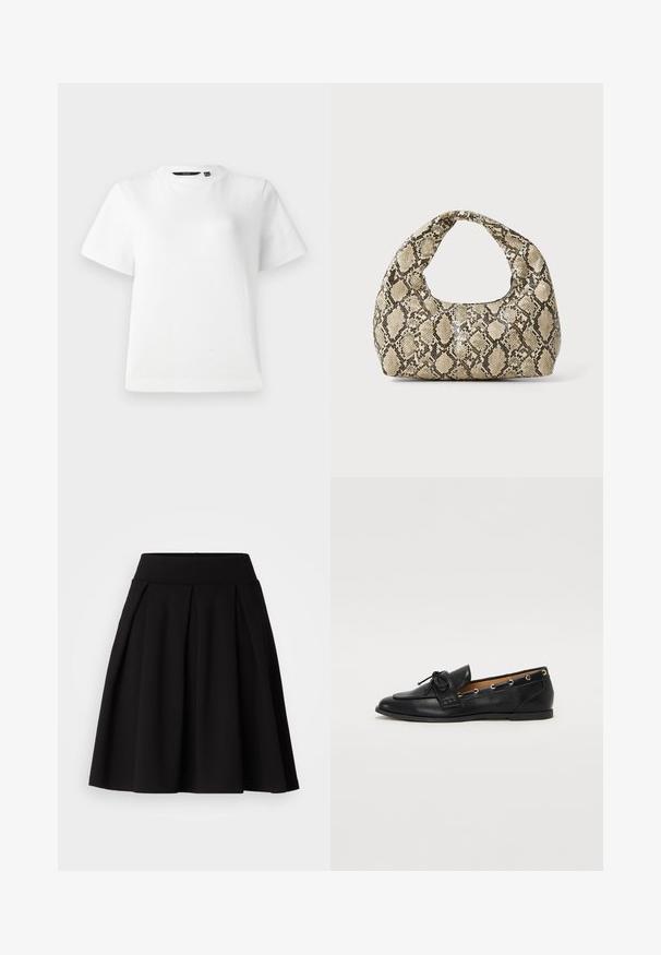 White short-sleeve T-shirt made of smooth cotton fabric, featuring a crew neckline and a relaxed fit with stitched hems.; Black pleated skirt made from soft fabric, featuring a high waistband and a flared A-line shape, suitable for various occasions.; Black leather loafers with a tied bow, featuring gold eyelet accents along the sides and a flat rubber sole. Smooth texture, classic design.; Snake-print handbag with a curved handle. Made from textured, beige and brown materials, featuring a distinctive diamond pattern.