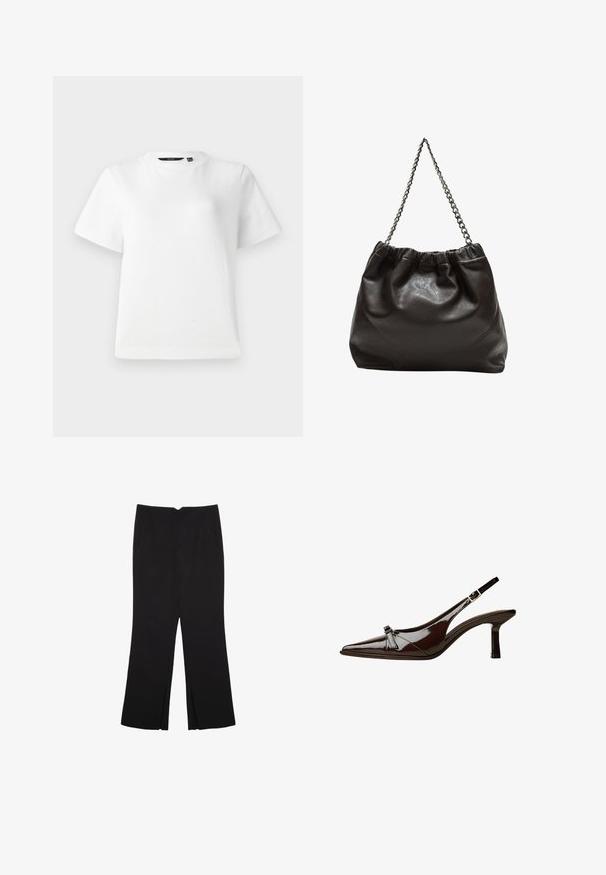 Weißes T-Shirt mit kurzen Ärmeln aus glattem Baumwollstoff, ausgestattet mit einem runden Halsausschnitt und einem lässigen Schnitt mit genähten Säumen.; Schwarze Hose mit geradem Schnitt, ausgestattet mit Fronttaschen und Seitenschlitzen am Saum. Hergestellt aus weichem, glattem Stoff. Geeignet für verschiedene Anlässe.; Braune Lackleder-Slingback-Schuhe mit spitzem Zehenbereich, niedrigem Absatz und einer dekorativen Schleifenakzent an der Vorderseite. Glatte, glänzende Textur.; Braune Lederhandtasche mit gerafftem Oberteil und Kettenriemen. Glatte Textur mit glänzendem Finish und subtilen Nahtdetails an den Seiten.
