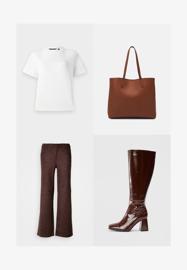 White short-sleeve T-shirt made of smooth cotton fabric, featuring a crew neckline and a relaxed fit with stitched hems.; Brown flared pants in a soft, suede-like fabric. Features four pockets, a button fastening, and a smooth, textured surface.; Knee-high brown patent leather boots with a square toe, glossy finish, and a chunky heel for stability. Seamless design with no visible hardware.; Brown leather tote bag with a smooth texture, open top design, and two shoulder straps. Features minimal stitching and no visible hardware.