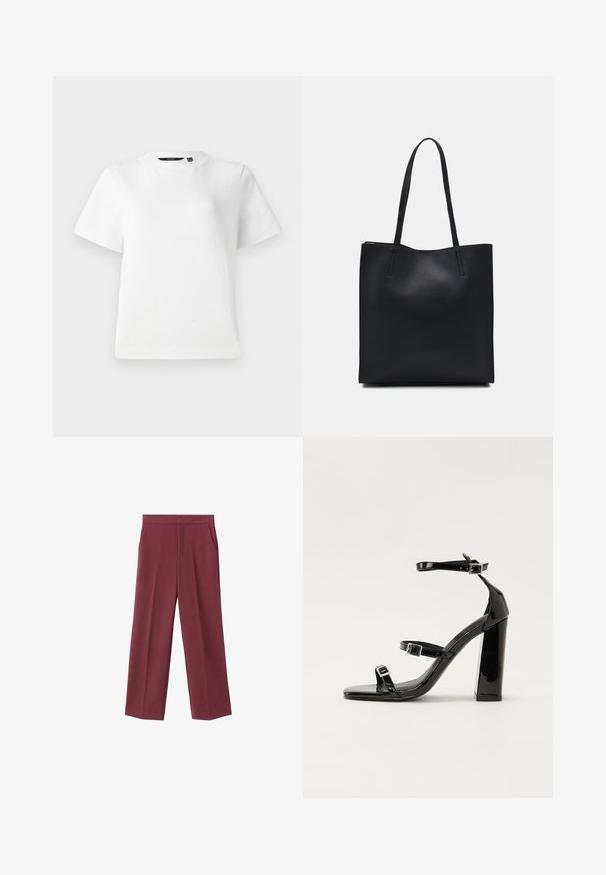 T-shirt bianco a maniche corte realizzato in tessuto di cotone morbido, con colletto a girocollo e una vestibilità rilassata con orli cuciti.; Pantaloni larghi bordeaux con una texture liscia, caratterizzati da tasche laterali e una vita alta. Rifiniti con una piega frontale pulita.; Sandali con tacco in vernice nera, con punta squadrata, cinturini alla caviglia e fibbie in argento. Presentano un tacco a blocco spesso per maggiore stabilità.; Borsa tote in pelle nera con texture liscia, forma rettangolare e due manici lunghi. Nessun hardware o decorazione visibile.
