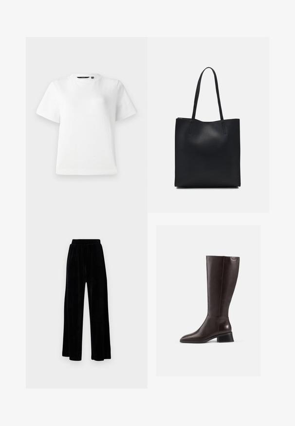 T-shirt branco de manga curta, feito de tecido de algodão suave, com decote arredondado e um corte descontraído, apresentando costuras nas bainhas.; Calças largas pretas feitas de veludo suave, com um cós elástico e uma textura lisa, sem detalhes ou padrões visíveis.; Botas de couro castanho até ao joelho com um acabamento suave, bico redondo e um salto preto empilhado. Design simples com detalhes de hardware mínimos.; Bolsa tote preta em couro com textura lisa, forma retangular e duas alças longas. Sem hardware ou enfeites visíveis.