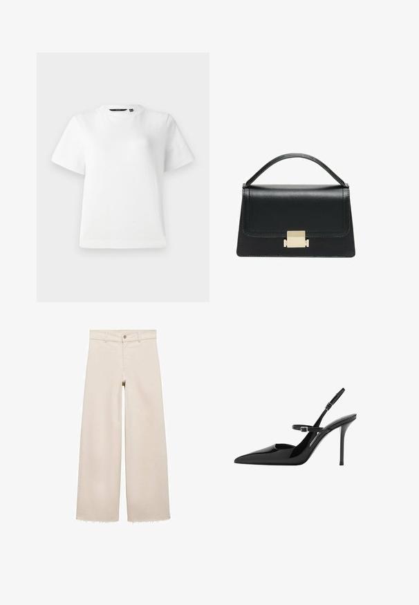 T-shirt bianco a maniche corte realizzato in tessuto di cotone morbido, con colletto a girocollo e una vestibilità rilassata con orli cuciti.; Jeans beige a gamba larga con vita alta, dotati di chiusura a pulsante, tasche frontali e orlo sfrangiato. Realizzati in tessuto denim.; Slingback in vernice nera con tacco a stiletto, punta affusolata e cinturino regolabile. Superficie liscia con finitura lucida.; Borsa a tracolla in pelle nera con design strutturato, manico superiore e dettaglio in metallo dorato sulla parte frontale. Texture liscia, cuciture minime.