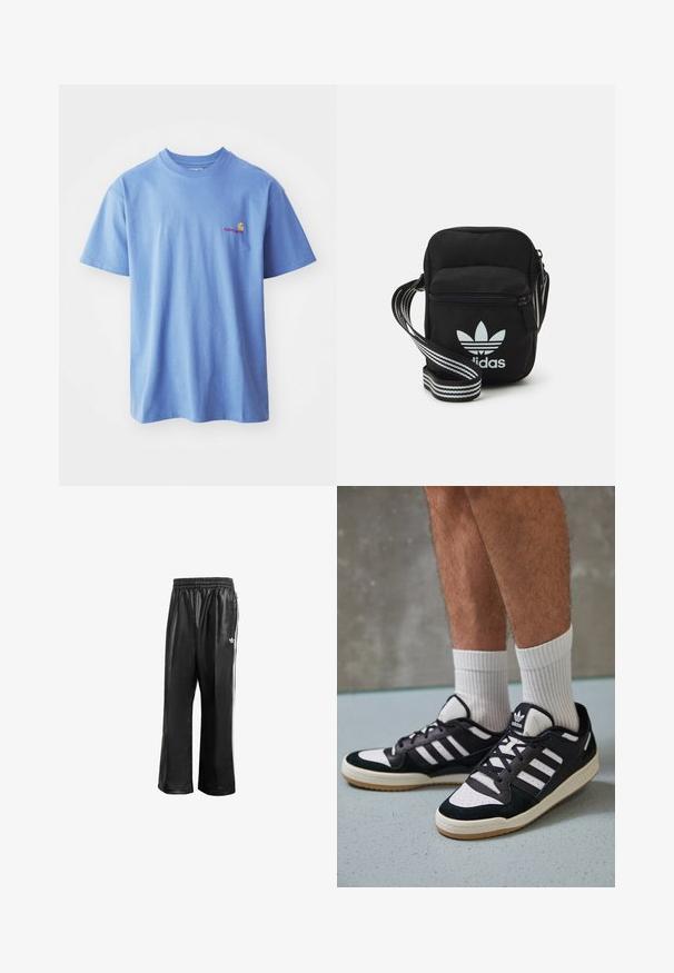 Világoskék pamut póló rövid ujjakkal és kerek nyakkivágással. Bal mellen egy kis narancssárga és piros logó található.; Fekete szintetikus tréningnadrág elasztikus derékkal, fehér oldalcsíkokkal és egy kis fehér logóval a bal csípőn.; Fekete-fehér tornacipők velúr és bőr felsőrésszel, három fehér csíkkal, perforált orral és gumi talppal.; Fekete anyagú, keresztpántos táska cipzáras záródással, fehér Adidas logóval és csíkos állítható pánttal a könnyű hordozás érdekében.