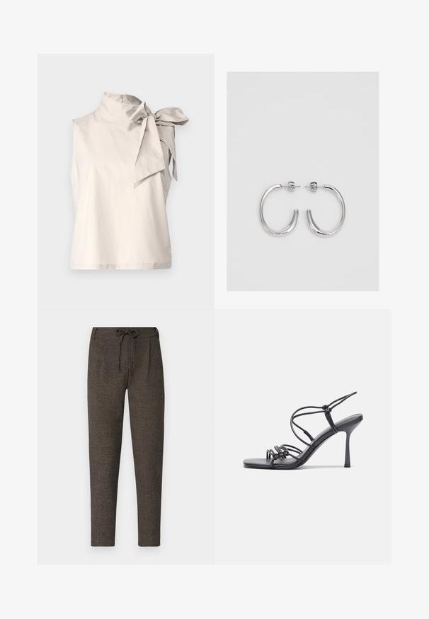 Vero Moda Petite VMSOLONA - Topp - pumice stone; Tumed pruunid, tekstureeritud püksid, kummipaelaga vööl, küljetaskud ja kitsenevad sääred, valmistatud pehmest materjalist.; Mustad musta värvi kontsandaalid on varustatud peente rihmadega, millel on sõlmekujundus, siledad ruudukujulised varbad ja stiilne stilettokonts.; Hõbedased rõngaskõrvarõngad, millel on sile ja läikiv pind. Ümar kuju, kerge disain, millel on post-tagumise kinnituse süsteem.