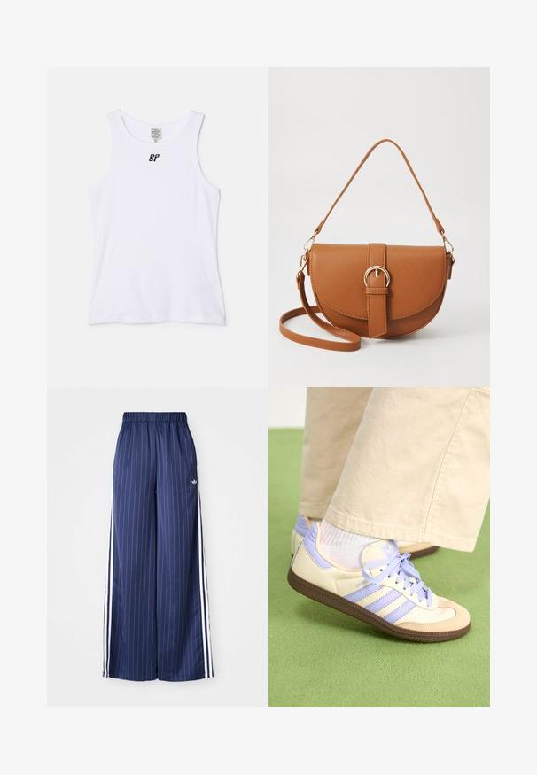 Fehér pamut ujjatlan felső, kerek nyakkivágással és közepes szélességű pántokkal. A mellen egy kis fekete logó található. Simaszövésű.; Tengerészkék, széles szárú nadrág függőleges fehér csíkokkal, rugalmas derékpánttal és mindkét oldalon három fehér csíkkal, könnyű anyagból készült.; Krém és levendula színű sportcipők három csíkkal és texturált barna talppal, fűzőkkel és párnázott sarokkal. Puha anyagú felsőrész.; Barna bőr keresztbody táska ívelt formával, aranyszínű fémrészekkel és csat díszítéssel. Levehető vállpánttal rendelkezik.