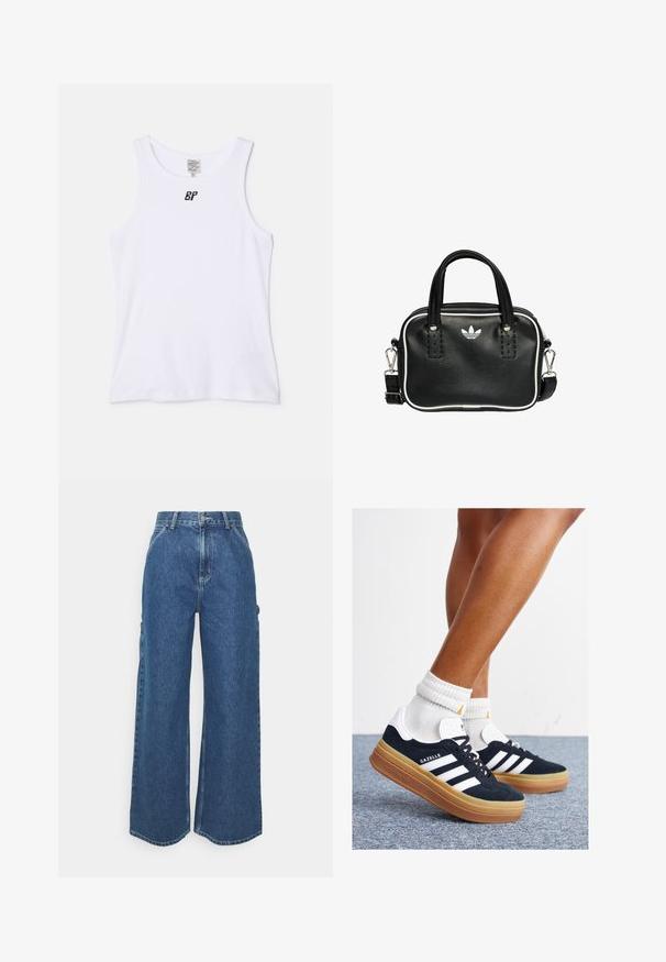 White cotton tank top with a round neckline and medium-width straps. Features a small black logo on the chest area. Smooth texture.; Wide-leg blue denim trousers with a high waist, contrasting stitching, and side pockets, featuring a classic five-pocket design and raw hems.; Black suede sneakers with white stripes and accents, rounded toe, gum rubber outsole, paired with white ribbed crew socks.; Black leather handbag with two short handles, silver hardware, white accents, and a white logo. Features a textured surface and compact design.