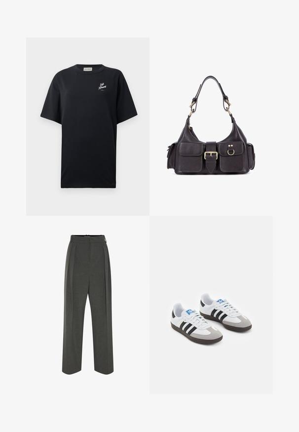 Czarny t-shirt z krótkim rękawem wykonany z bawełny. Posiada biały logo na lewej stronie klatki piersiowej. Okrągły dekolt i luźny krój. Gładka faktura.; Szare spodnie o szerokich nogawkach wykonane z fakturowanej tkaniny, z wysokim stanem i plisami z przodu. Projekt obejmuje gładki pas bez widocznych zapięć.; Buty sportowe z białą skórzaną cholewką, szarym zamszowym noskiem i trzema czarnymi paskami. Posiadają niebieskie logo na języku oraz teksturowaną gumową podeszwę.; Czarna skórzana torebka z dwoma przednimi kieszeniami, centralną klamrą i złotymi detalami. Gładka faktura z zaokrąglonym kształtem.