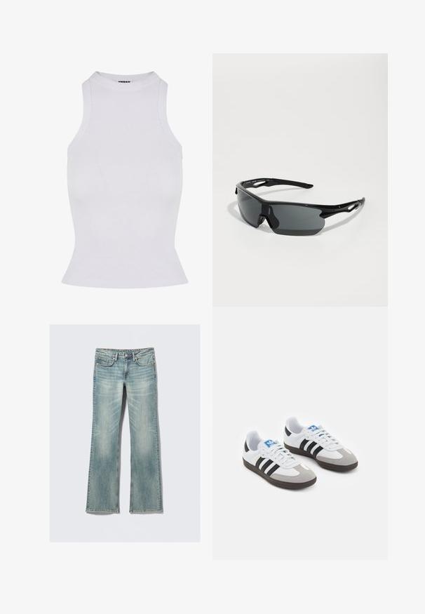 Balta ribota bezpiedurknu krekla topa ar augstu apkakli, pieguļoša forma un nedaudz izkliedēta apakša, izgatavots no elastīgas auduma.; Gai zili džinsi ar nelielu izbalēšanu, piecas kabatas, pogu aizdare un taisnas kājas uz balta fona.; Sporta apavi ar balto ādas virsu, pelēku zamšādas purngalu un trim melnām svītrām. Iezīmē zilu logotipu uz mēles un teksturētu gumijas zoli.; Melni sporta saulesbrilles ar izliektiem stikliem, vieglu plastmasas rāmi un strukturētām tempļiem. Plūstošs dizains ar integrētu deguna atbalstu.; Melnas austo ādas rokassoma ar vaļīgu dizainu, kurai ir mezglots siksna un neliels dekoratīvs zelta uzstuds augšdaļā.