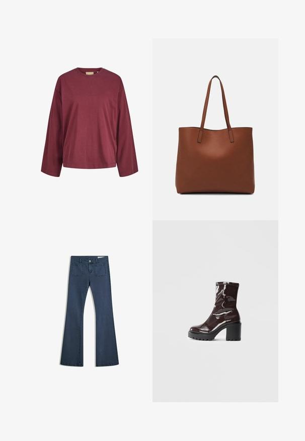 Burgundy long-sleeve cotton t-shirt with a rounded neckline, relaxed fit, and minimal stitching details on the cuffs and hem.; Dark blue flared denim jeans with stitched pockets, a button closure, and a smooth texture. Features a classic five-pocket design.; Glossy burgundy ankle boot with a chunky black heel, featuring a smooth texture and simple design. No visible fastenings or patterns.; Brown leather tote bag with a smooth texture, open top design, and two shoulder straps. Features minimal stitching and no visible hardware.