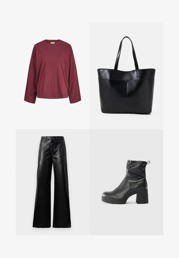 Burgunderfarget langermet bomulls T-skjorte med rund hals, avslappet passform og minimale sømdetaljer på mansjettene og kanten.; Sorte høy midje vide ben bukser i imitert skinn med knapp foran, glidelås, beltehemper og sidelommer på hvit bakgrunn.; Svarte ankelstøvler laget av glatt lær, med glidelås på siden, chunky strukturert hæl, og rund tå-design.; Svart lær toteveske med to lange håndtak, en glatt tekstur og en strukturert form. Har en frontlomme for ekstra oppbevaring.