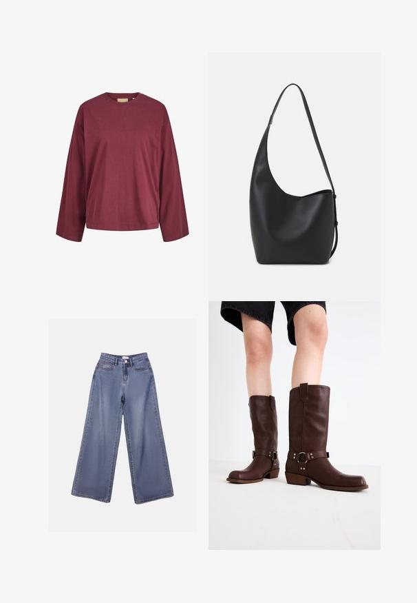 T-shirt de algodão de manga longa cor bordô, com decote arredondado, corte descontraído e detalhes de costura mínimos nas mangas e na bainha.; Calças de ganga de perna larga numa lavagem azul clara, com uma cintura alta, bolsos frontais e fecho de botão com passadores para cinto.; Botas castanhas de couro até ao joelho, com biqueira arredondada, superfície texturizada, strap no tornozelo e detalhes em metal prateado; salto empilhado.; Saco hobo preto em pele com uma textura lisa, forma curva e uma única alça ajustável; apresenta uma abertura larga na parte de cima.