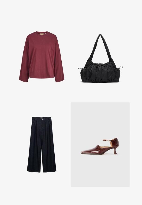 Burgundy pitkähihaine puuvillapaita, jossa on pyöreä kaula-aukko, rento leikkaus ja vähäiset ompelutiedot hihoissa ja helmassa.; Tummat farkku leveälahkeiset housut korkealla vyötäröllä, joissa on etunapit, kaksi sivutaskua ja ompeluyksityiskohtia.; Burgundiin lakattu nahkakenkä, jossa on terävä kärki, nilkkaremmi ja 5 cm:n kapeneva korko. Sujuva pinta ja minimalistinen muotoilu.; Musta kangaskassi, jossa on rypistetty pinta, kaksi olkahihnaa ja narukiristys sivuilla. Sileä, kevyt materiaali.