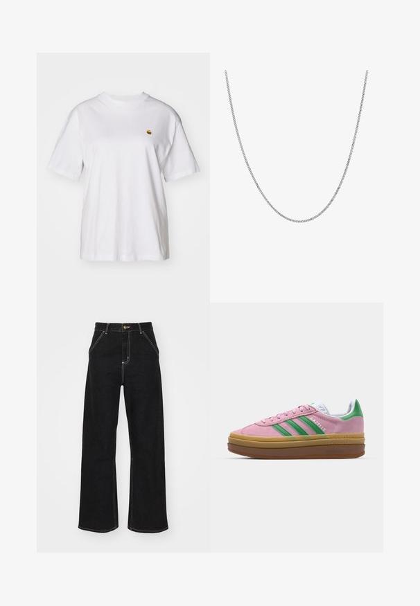 White cotton t-shirt with a relaxed fit, short sleeves, and a small embroidered logo on the left chest area.; Black wide-leg jeans made of denim, featuring contrasting white stitching and a front button closure, with two angled front pockets.; Pink suede sneakers with green stripes, white accents, and a brown rubber sole. Features textured fabric and logo detailing on the side.; Silver chain necklace with a smooth, round flat link design. Features a shiny finish and measures approximately 20 inches in length.