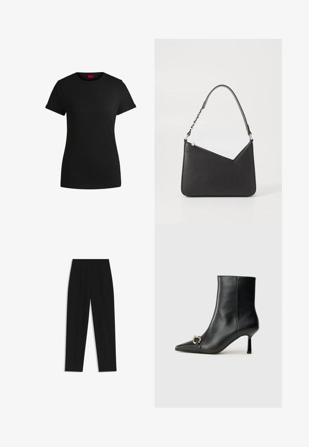 Black cotton t-shirt with short rolled sleeves, a round neckline, and a red label. Smooth texture, fitted shape with minimal detailing.; Black trousers with a straight fit, featuring double pleats, a smooth texture, and a classic waistband design. No visible hardware or accents.; Black leather ankle boot with pointed toe, slim mid-height heel, and silver buckle detail on side against plain background.; Black leather handbag with a triangular shape, a slim strap, and silver hardware. Features a zip closure and embossed logo on the front.