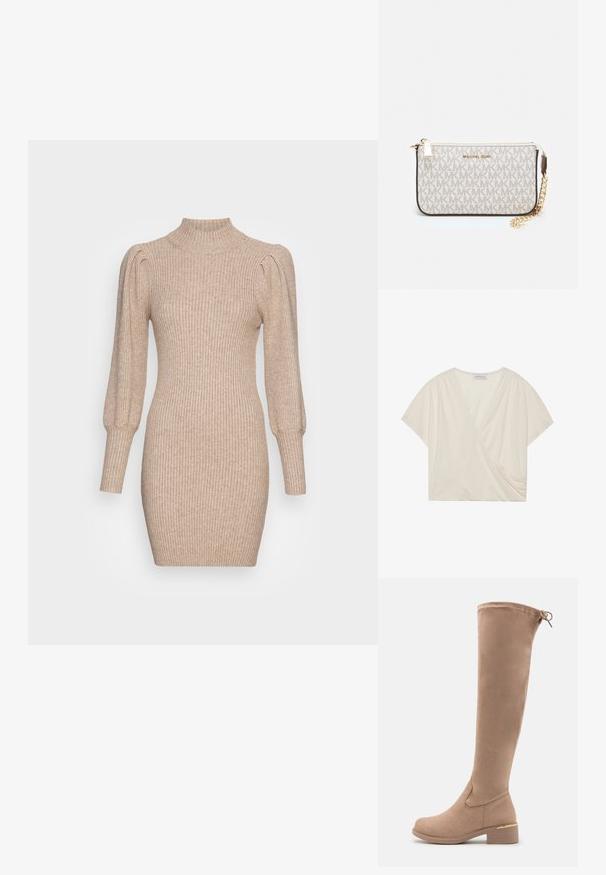 Kreemjas värvitoonis särk lühikeste varrukatega, valmistatud pehmest kangast. Omab V-kujulist kaelust ja külgvenitamist, mis tagab meeldiva sobivuse.; Kootud kleit beežis, millel on soonikstruktuur, kõrge kaelus ja puhv-suud. Keha lähedane siluett lühihelmale.; Knee-high beežist nubukist saapad ümmarguse kandaga, kumeral kontsaga ja peene kuldse aktsendiga kontsal. Sile tekstuur ja sobiv disain.; Michael Korsi randmevõru beige kaetud kangast, millel on korduv MK logo muster, kuldne riistvara ja eemaldatav ahelistrap.