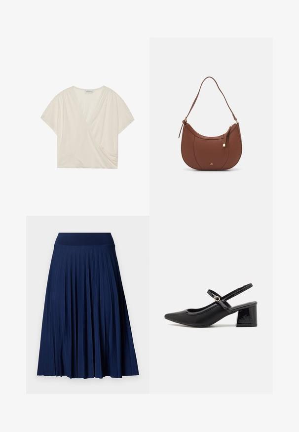 Kremowa bluzka z krótkim rękawem, wykonana z miękkiego materiału. Posiada dekolt w kształcie V oraz boczne marszczenie, które podkreśla sylwetkę.; Granatowa spódnica z plisami z szerokim paskiem, wykonana z gładkiego materiału. Posiada pionowe plisowania i sięga do połowy łydki.; Czarne lakierowane czółenka na słupku ze spiczastym noskiem, lekko zaokrąglonym wycięciem i obcasem w kształcie bloku. Posiadają złotą klamrę jako akcent dekoracyjny.; Brązowa torebka na ramię z eko-skóry o zaokrąglonym kształcie, z minimalnym przeszyciem i złotym akcentem na okuciach. Posiada zamek błyskawiczny u góry oraz regulowany pasek.
