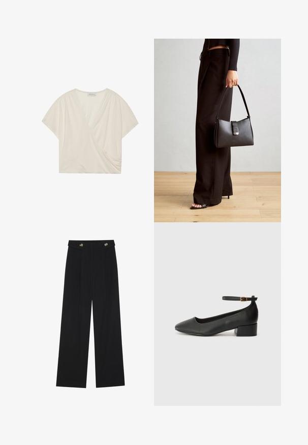 Top de color crema, tipo wrap, con mangas cortas, hecho de una tela suave. Presenta un escote en V y un detalle de fruncido lateral para un ajuste favorecedor.; Pantalones de pierna ancha negros con cintura alta, detalles de botones en la cinturilla y pliegues en la parte delantera.; Zapato de tacón negro de cuero con punta afilada y tacón bajo cuadrado. Presenta una correa para el tobillo con una hebilla en tono dorado. Textura suave.; Bolso negro con forma estructurada, textura suave y un cierre metálico. Combinado con pantalones anchos negros y sandalias de dedo en un suelo de madera.