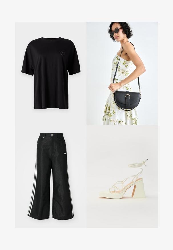 Camiseta de algodón negra con mangas cortas, corte holgado, cuello redondo, que presenta un sutil diseño de corazón bordado en la parte izquierda del pecho.; Pantalones de denim anchos y negros con tres franjas blancas en cada lado y un pequeño logo blanco. Cuenta con bolsillos frontales y un cierre de botón.; Sandalia de tacón alto blanca con un tacón grueso, que presenta un diseño de tiras y un lazo en el tobillo. Textura suave con una plataforma en la parte delantera para mayor altura.; Bolso de piel negra con forma curva, correa desmontable y herrajes dorados. El bolso cuenta con una solapa con un detalle de hebilla.