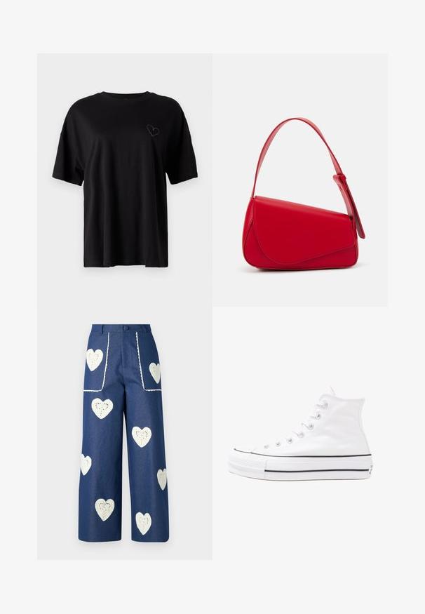 Juodas medvilninis marškinėliai trumpomis rankovėmis, laisvas kirpimas, apvalus iškirpimas, su subtiliu širdies dizainu išsiuvinėtu kairiajame krūtinės plote.; Sister Jane HEART TO HEART - Tiesaus kirpimo džinsai - blue denim; Balti aukštakulniai drobės sportbačiai su juodu guminio pado, priekinio guminio piršto dangteliu ir šešiais akytėmis raištams, pasižymintys švariu, minimalistiniu dizainu.; Raudona odinė rankinė su kampuota, geometrine forma. Pasižymi viena reguliuojama dirželiu ir dangteliu su siuvinėtais dekoracijomis.